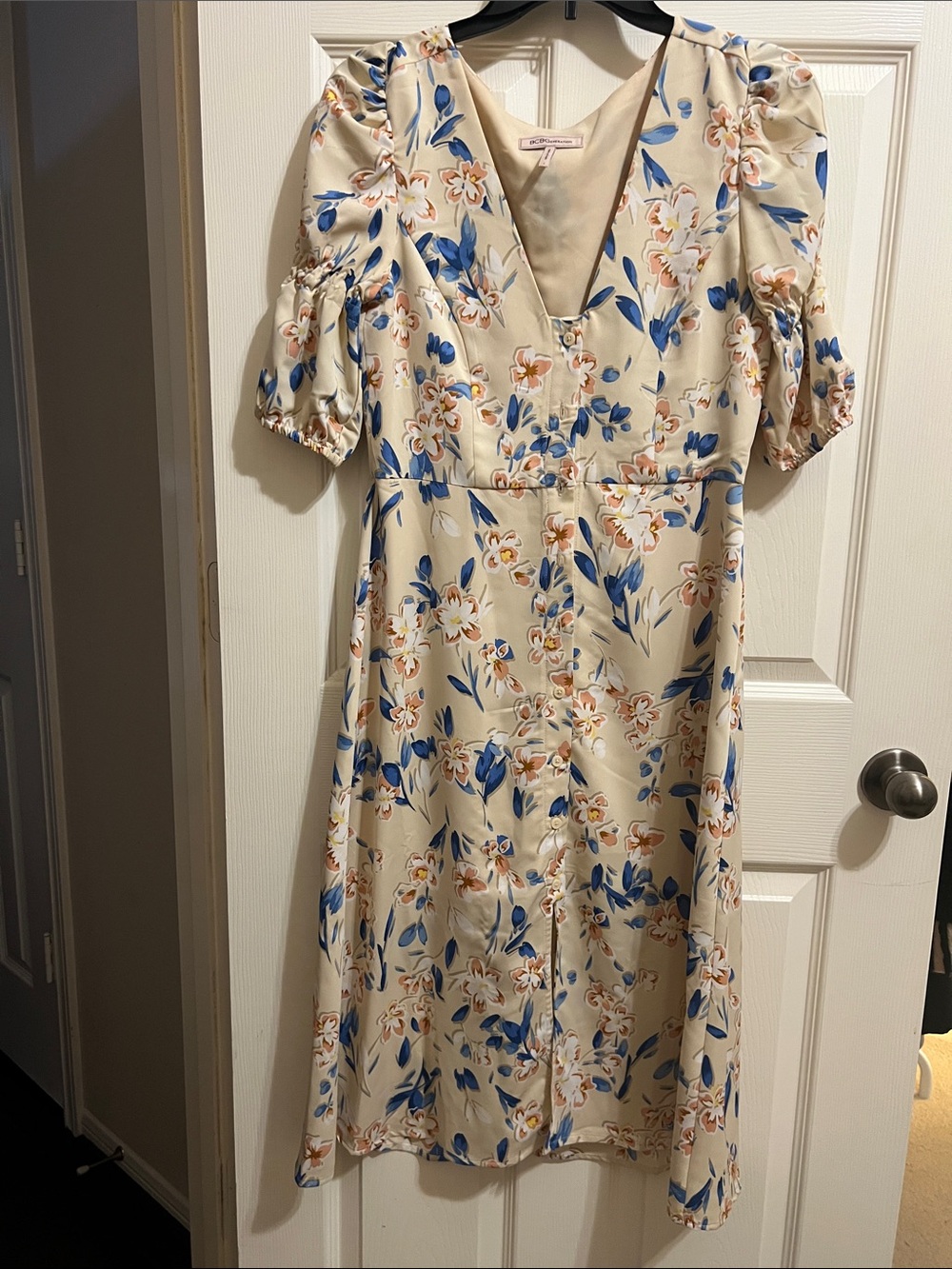 BCBGeneration Cream Midi Dress with Blue & Pink Floral Print